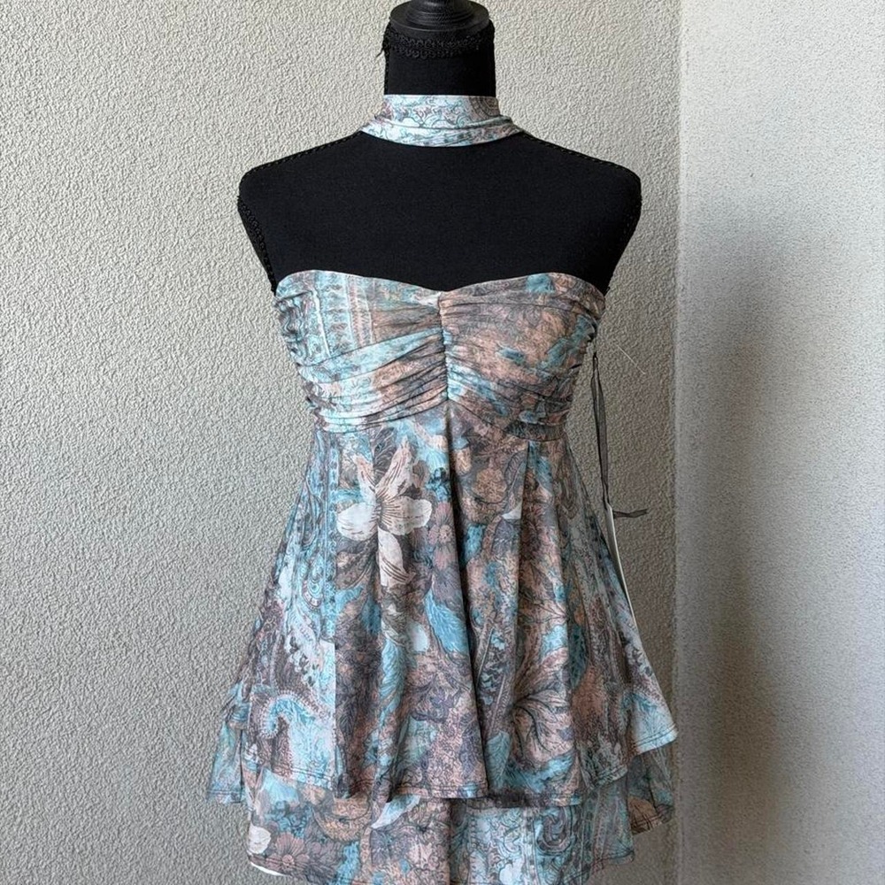 Milk & Honey Blue/brown floral print strapless top with neck scarf Size S NWT
